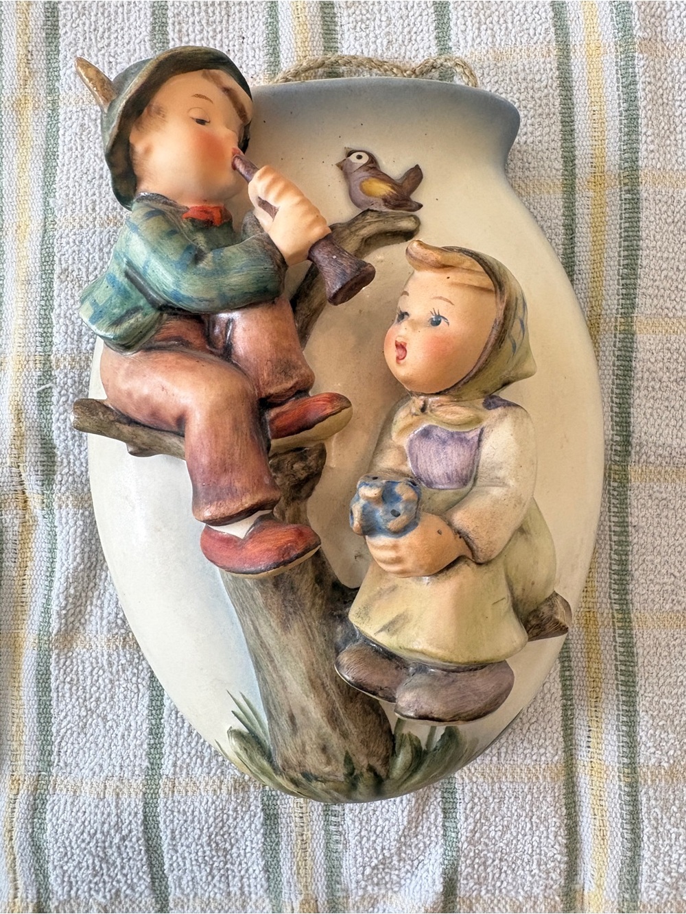 Vintage Hummel Ceramic Wall Vase with Children Figurines - Cream, Green, Brown